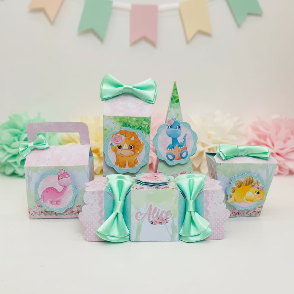 Kit Festa Pegue e Monte - Lembrancinhas Personalizadas Dinossauro Rosa - Aniversário - Caixa Milk Personalizada