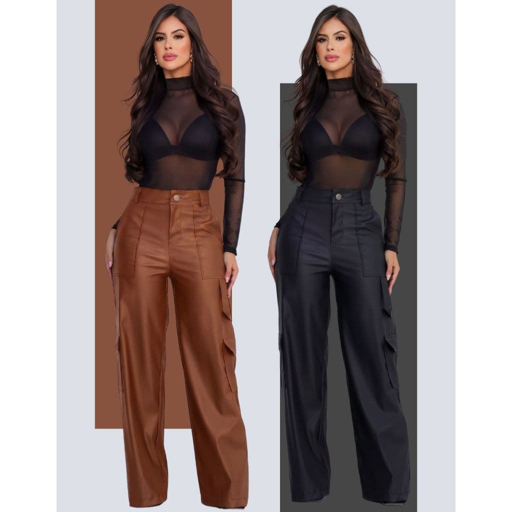 Calça Pantalona Wide Leg Reta Cargo Couro Fake Cintura Alta Moda Gringa Bolso Lateral