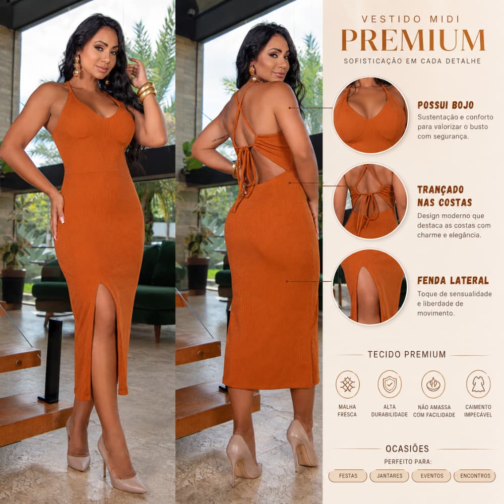 Vestido Feminino Midi Trançado com Bojo Fenda Lateral Justo Elegante Confortáve Elegantel