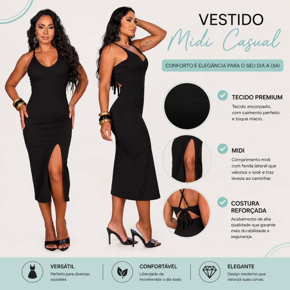Vestido Dia a Dia  Moderno Elegante Midi Confortável Fenda Lateral Com Bojo Trançado Jovial Malha Premium