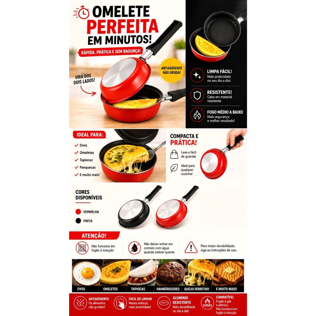Frigideira Dupla Antiaderente 14cm Omeleteira Ovo Tapioca Não Gruda Dupla Face Preto/Vermelho