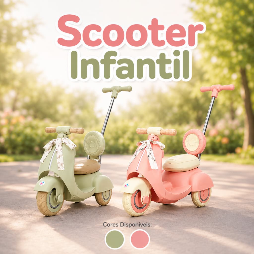 Mini Moto Elétrica Scooter Infantil 6V Com Empurrador E Som - Versão Luxo Retro Rosa/Verde