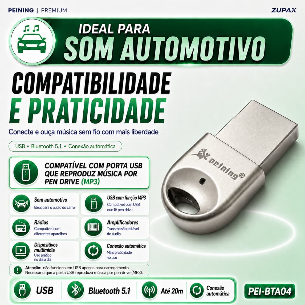 Adaptador Bluetooth Som Automotivo USB V5.1 Peining PEI-BTA04 Car Connect Receptor de Música