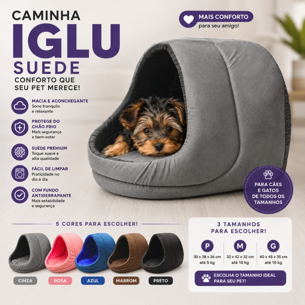 Cama Caminha Casinha Toquinha Pet Iglu para Cachorro e Gato Suede Premium - Vários Tamanhos e Cores