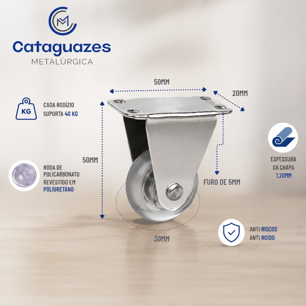 Kit Rodinha Rodízio Fixo 50mm para Sofá Móveis, Cadeiras e Mesas Base Fixa e Resistente