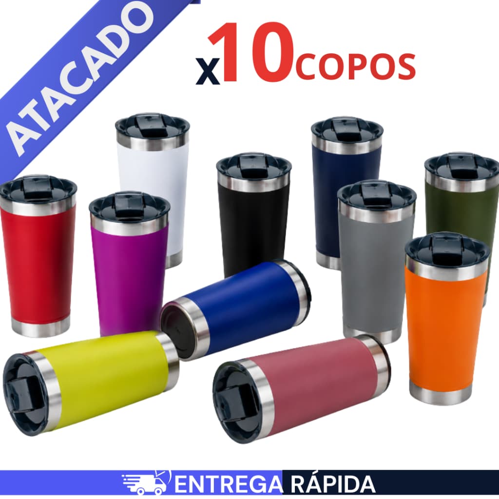 Kit 10 ou 5 Copos Térmicos 473ml Com Tampa e Abridor Copo Inox Isolamento Termico Cores Sortidas