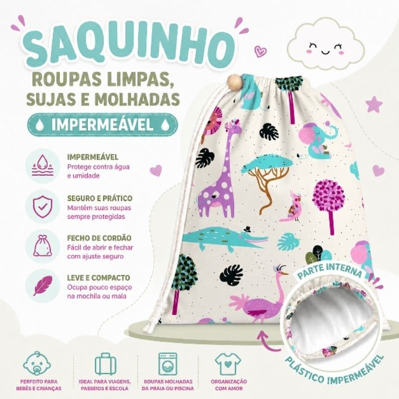 Saquinho de roupa limpa suja e molhada - sacola bolsa impermeável - várias estampas menino menina