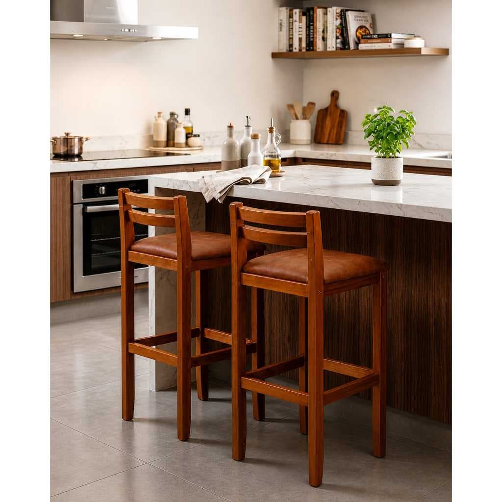 Kit 2 Banqueta Ibiza em Corino Ilha Baixa 77cm em Madeira Maciça