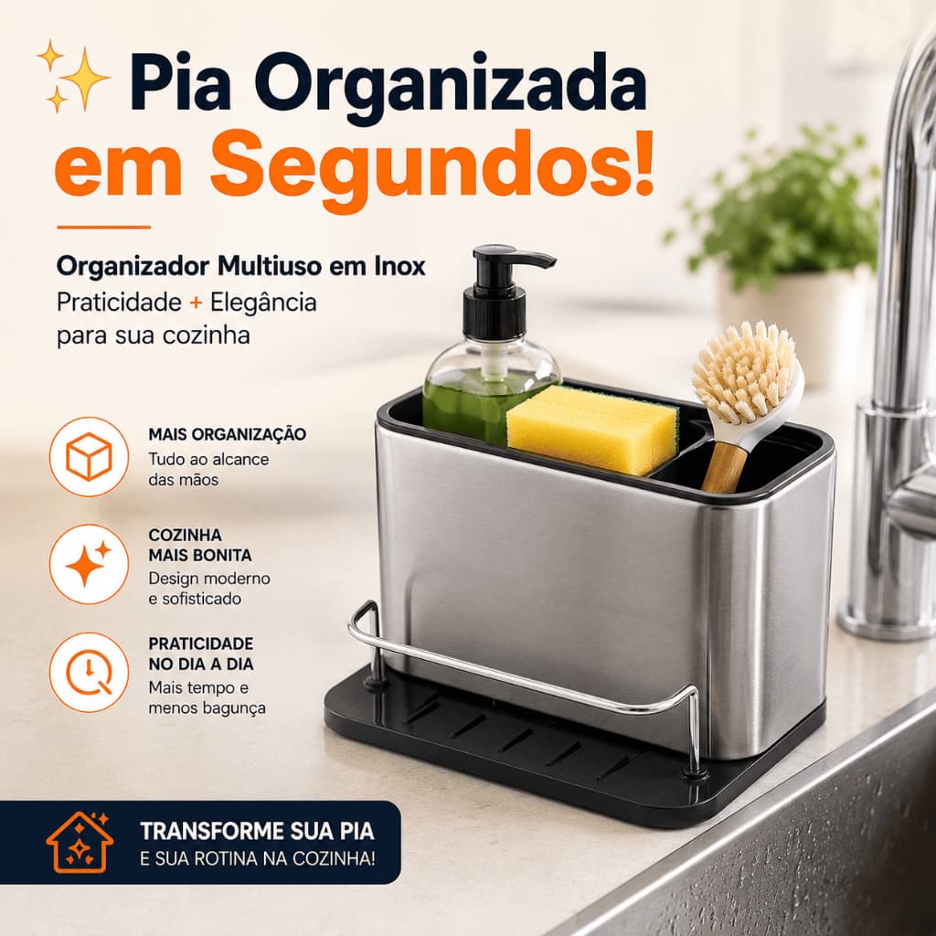 Organizador Pia Cozinha Inox Multiuso Divisorias Resistente Facil Limpeza