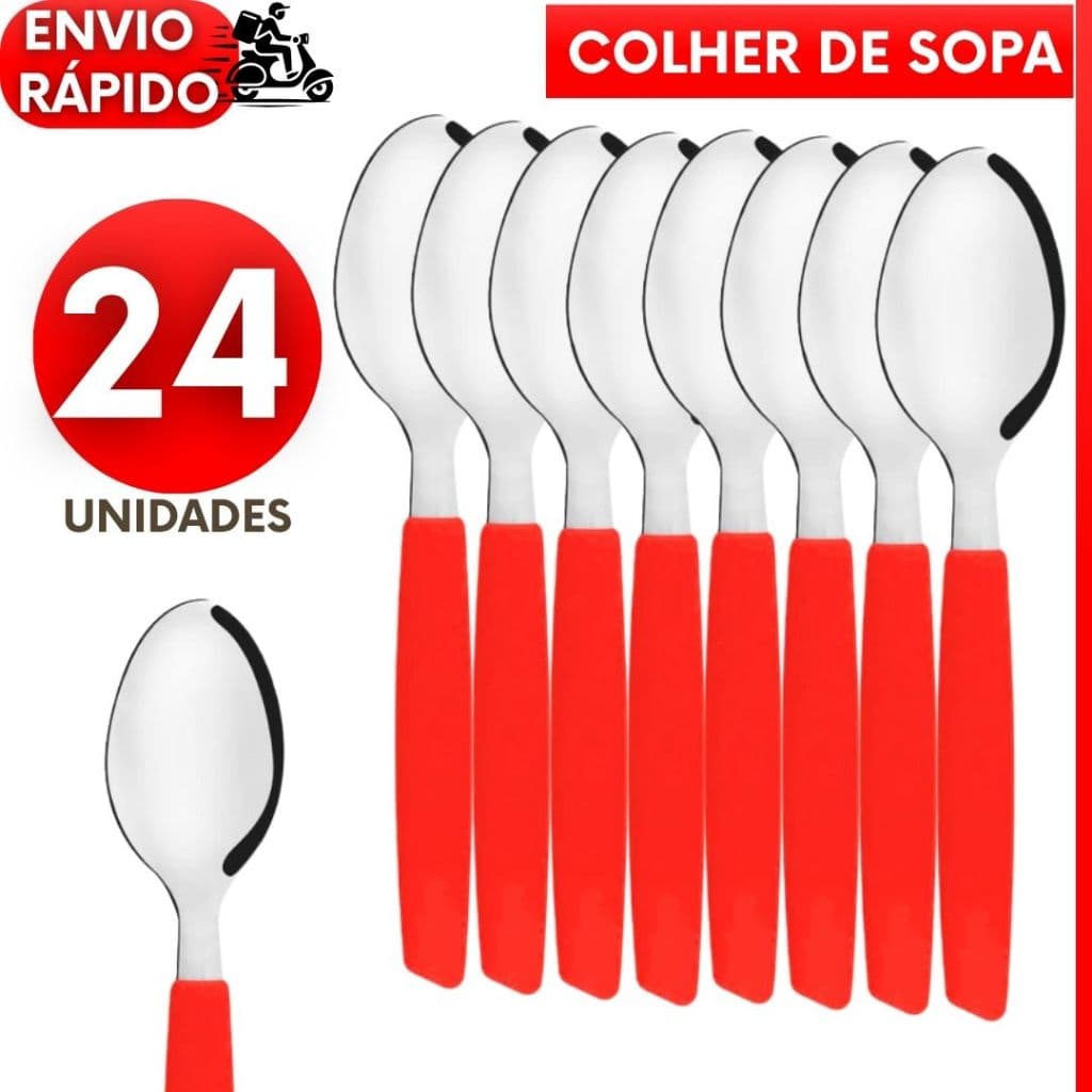 KIT 24 18 ou 12 Colheres com Cabo Vermelho de Inox Para o Dia a Dia Sopa Cozinha