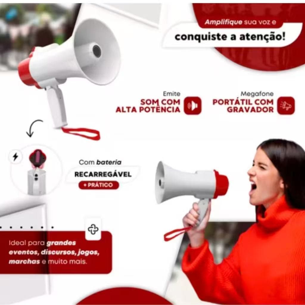 Megafone Portátil Recarregável Com Sirene Musical E Gravador