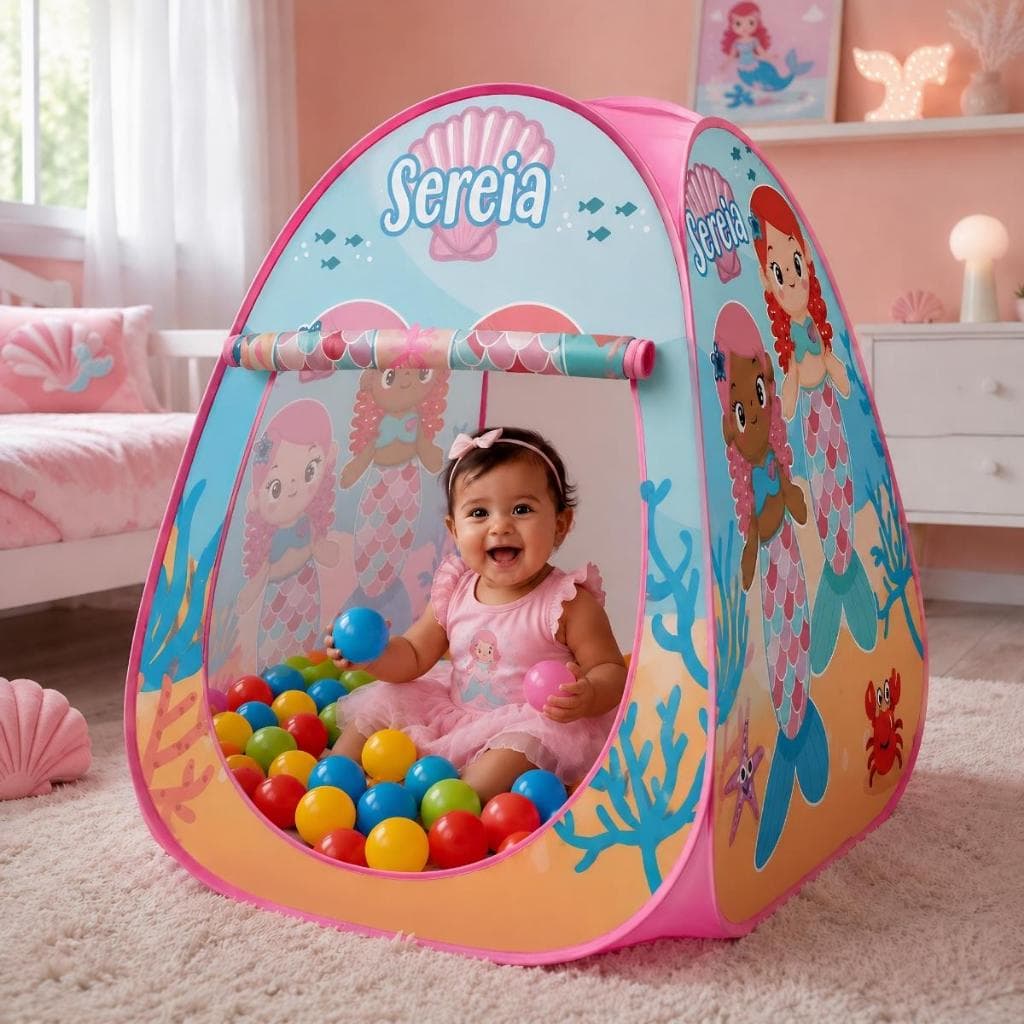 Toca Barraca Tenda Infantil Sereia Divertida Dobrável Com Bolinhas Coloridas