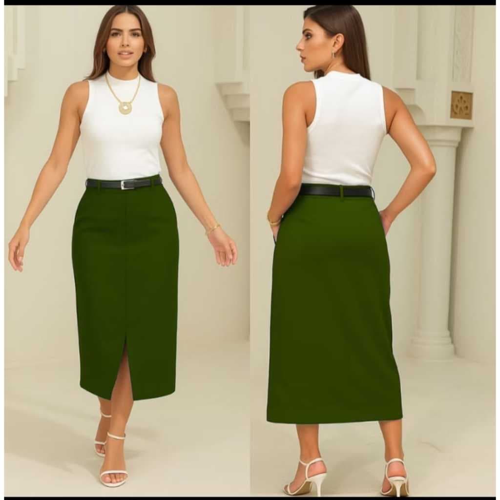 Saia Longa Evangélica Feminina Alfaiataria Com Cinto Bolso Lateral e Zíper Lateral Moda Social