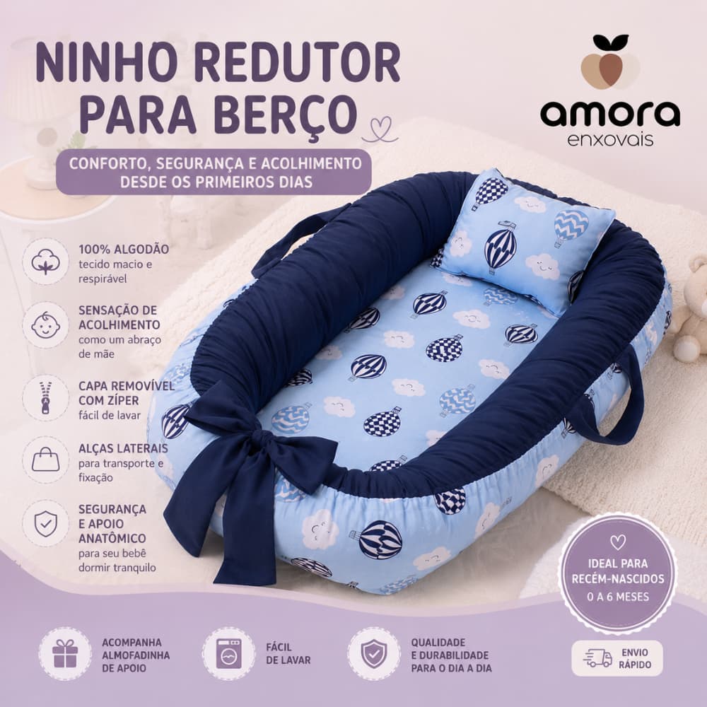 Ninho Redutor de Berço para Bebê RN 100% Algodão | Apoio Anatômico Confortável e Regulável