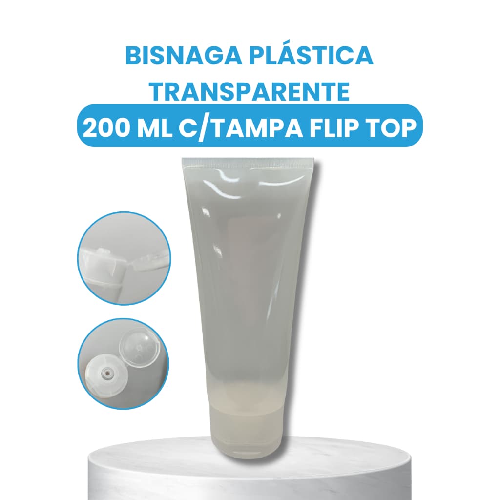 BISNAGA PLÁSTICA TRANSPARENTE 200 ML C/TAMPA FLIP TOP 500 UNIDADES