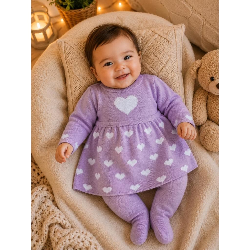 Vestido Coração Calça RN Bebê Menina Récem Nascido Tricô infantil Tricot