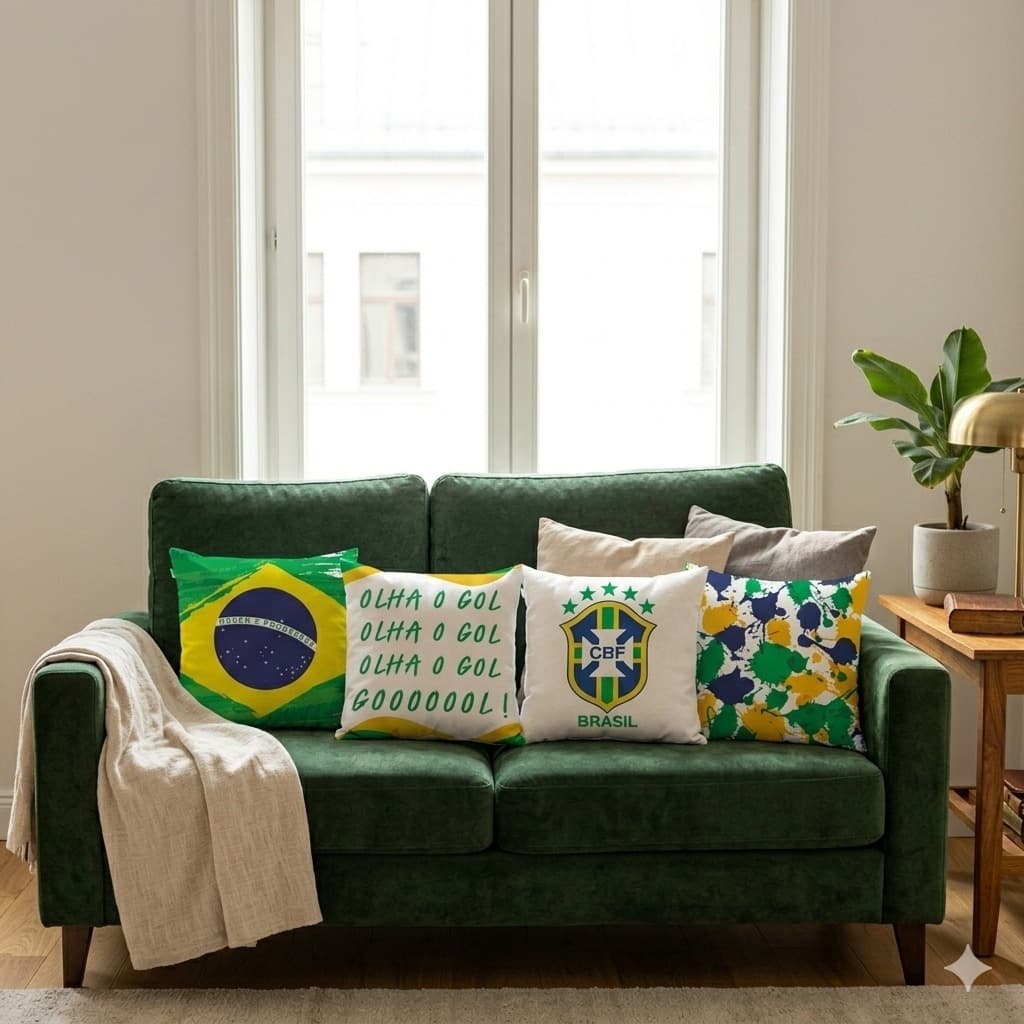 Kit 4 Almofada Estampada Brasil 45x45 c/ Zíper Decoração Para Sala Quarto Copa Do Mundo