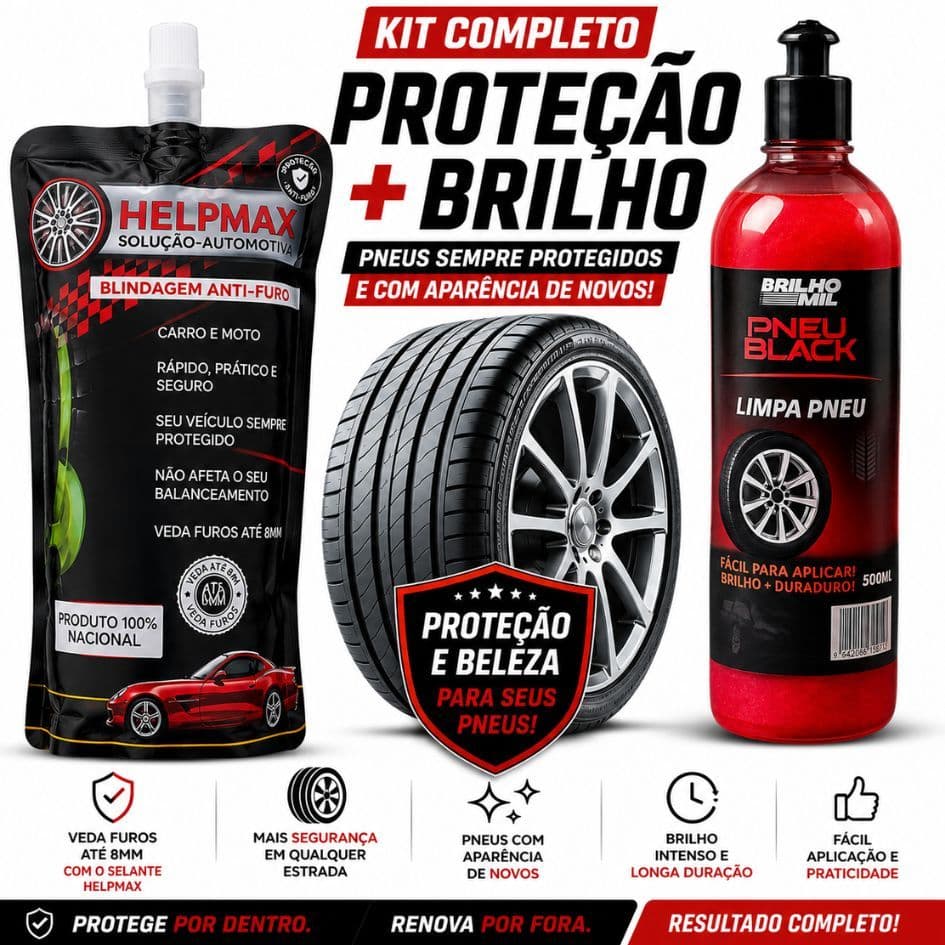 Kit Vacina Selante de Pneu - Pretinho Revitalizador de Pneu - Blindagem e Brilho Intenso