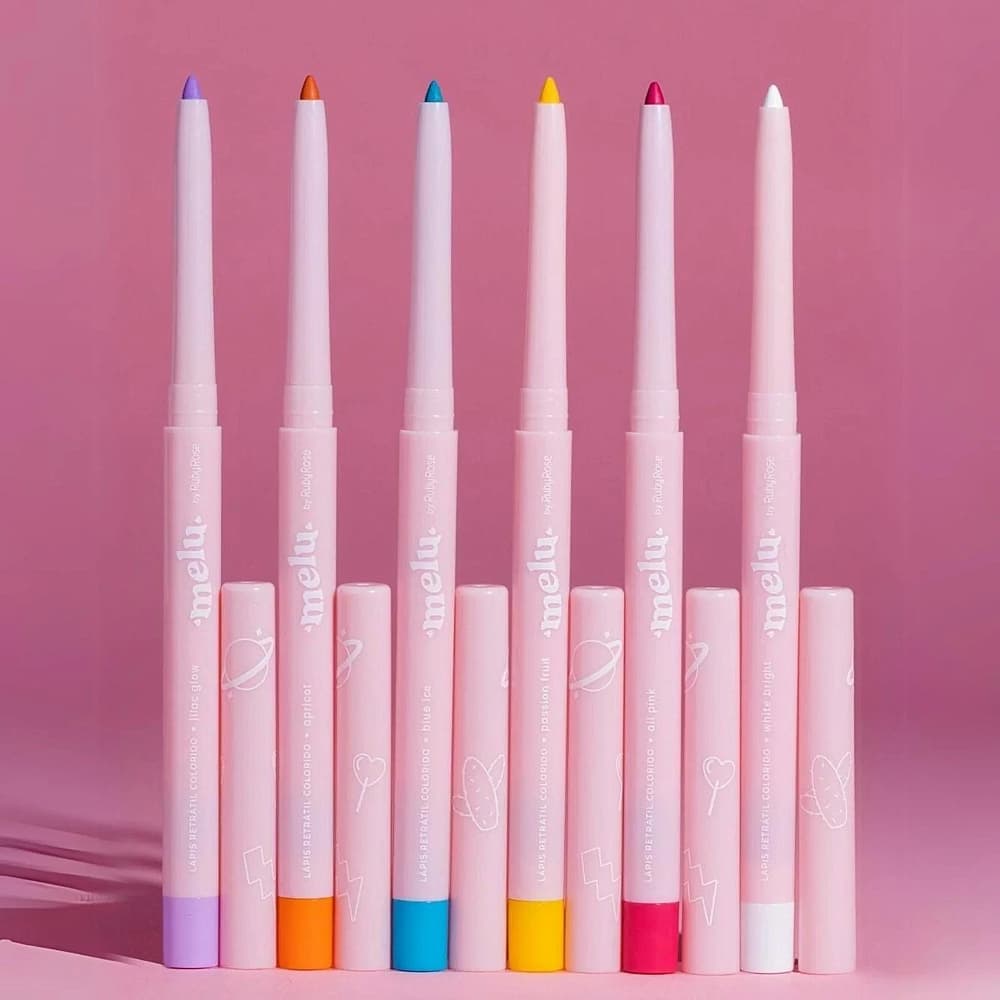 Lápis Delineador e olhos Melu Retratil e a Prova dágua Pigmentado Cores Azul Amarelo Branco Lilas Rosa Laranja