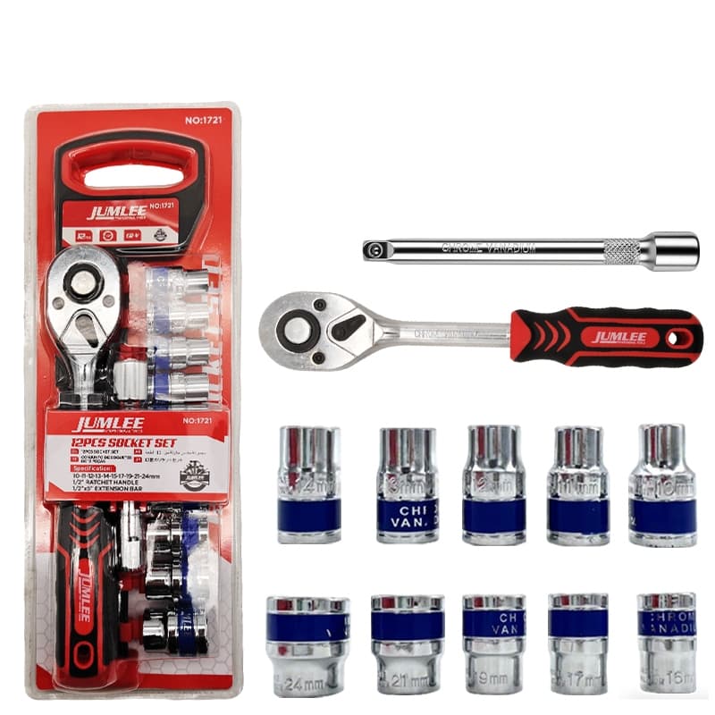 Jogo de Soquetes 1/2" Profissional 12 Peças Chave Catraca Reversível com Barra Extensão Aço CR-V