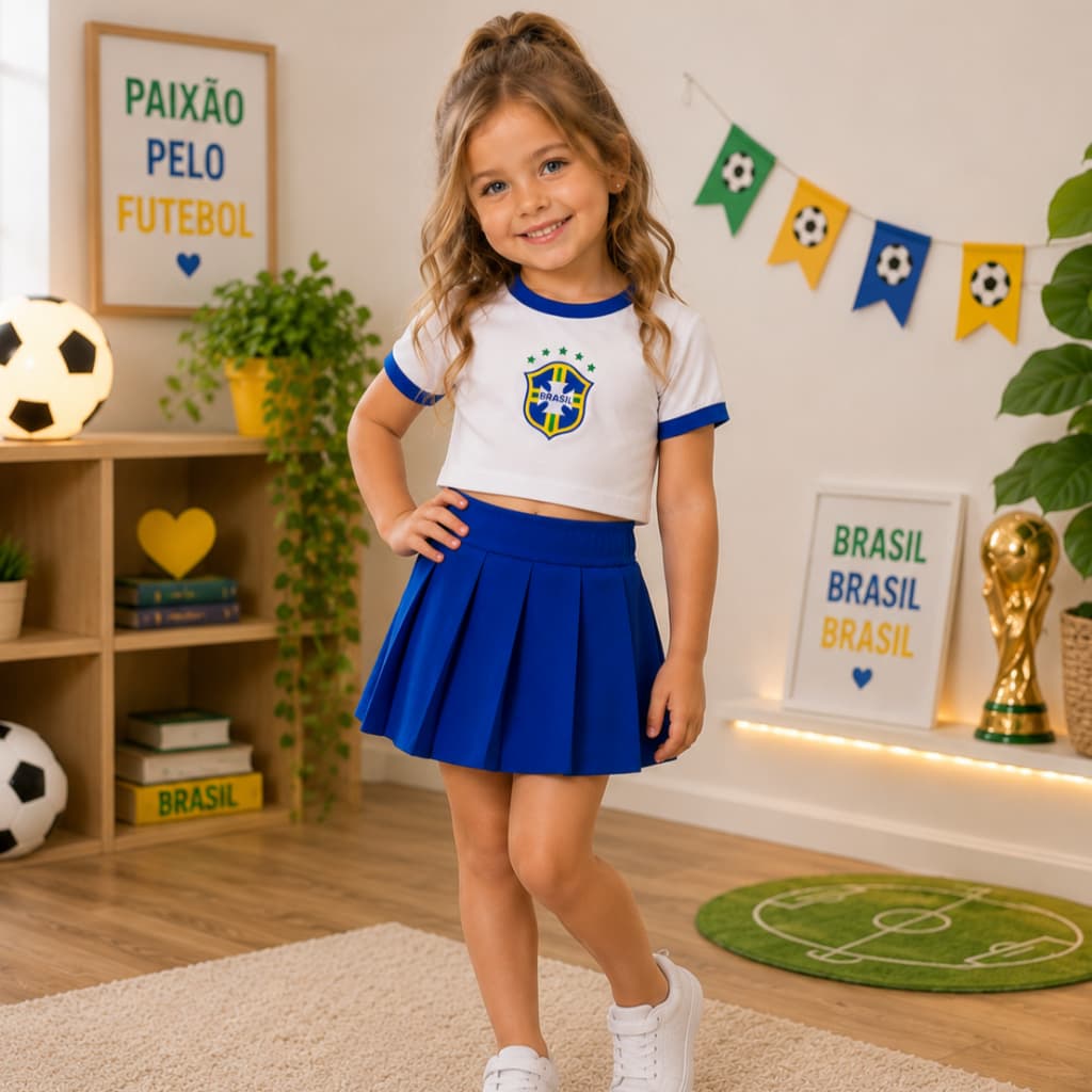 Conjunto Brasil Copa Do Mundo Menina Infantil Plissado Colegial Short Saia Cropped Passeio Bandeira