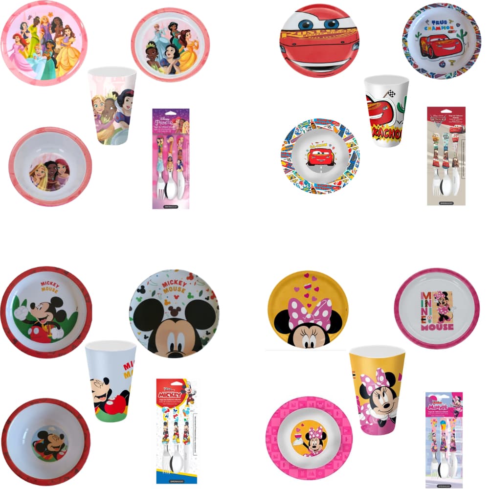 Kit Infantil Personagens 5 Peças | Prato Fundo, Raso, Bowl, Copo e Talheres