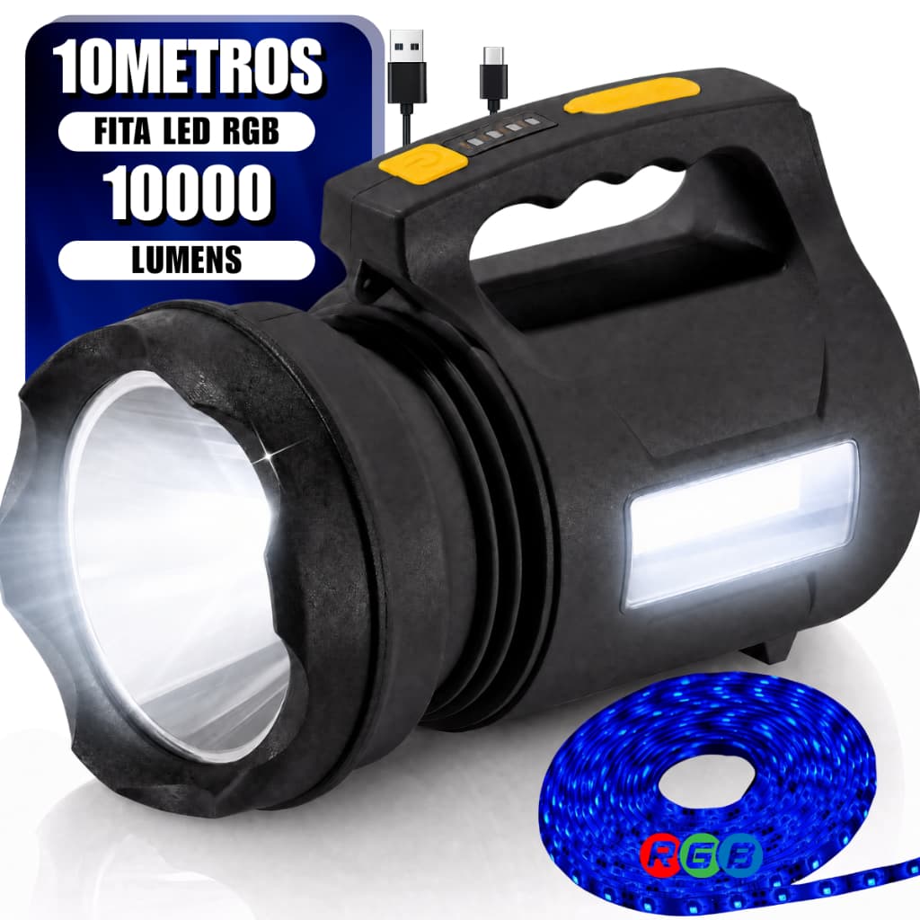Lanterna Holofote LED Alta Potência Recarregável 3 em 1 com Fita RGB 10m Camping Pesca IPX6 2KM