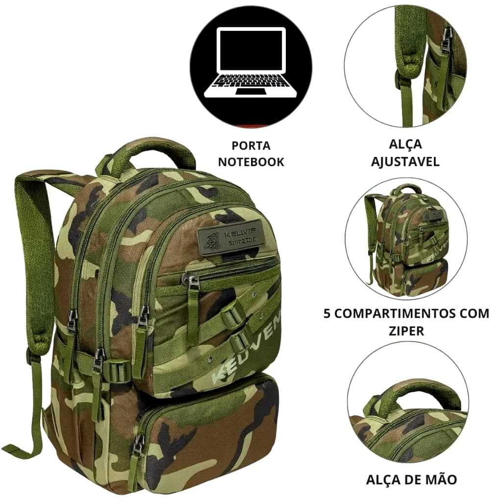 MOCHILA INFANTIL CAMUFLADA KEUVEN (KVN2400) REFORÇADA E RESISTENTE UNISSEX
