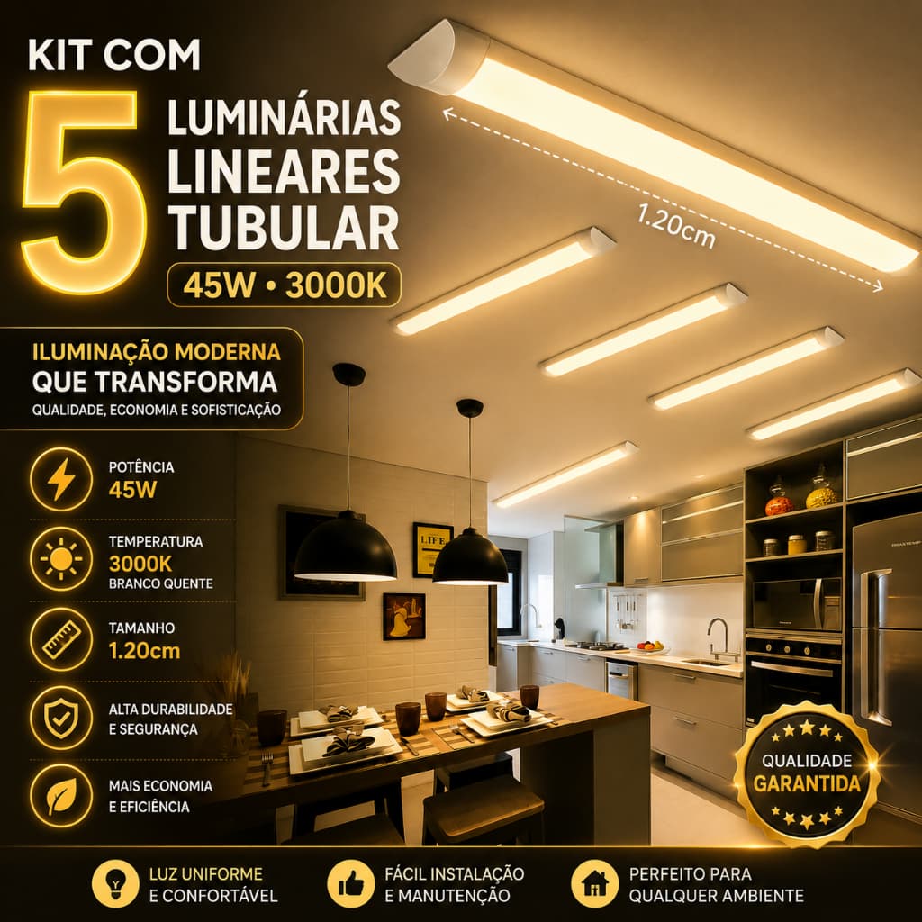 Kit 5 Luminária Linear Tubular 120cm Sobrepor 45w Branco Quente