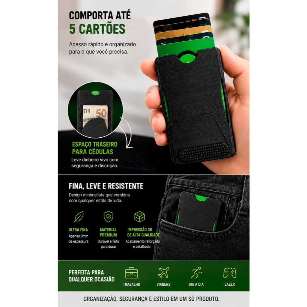 Carteira Slim Porta Cartões Compacta Moderna | Nunca Mais Ande com Carteira Volumosa