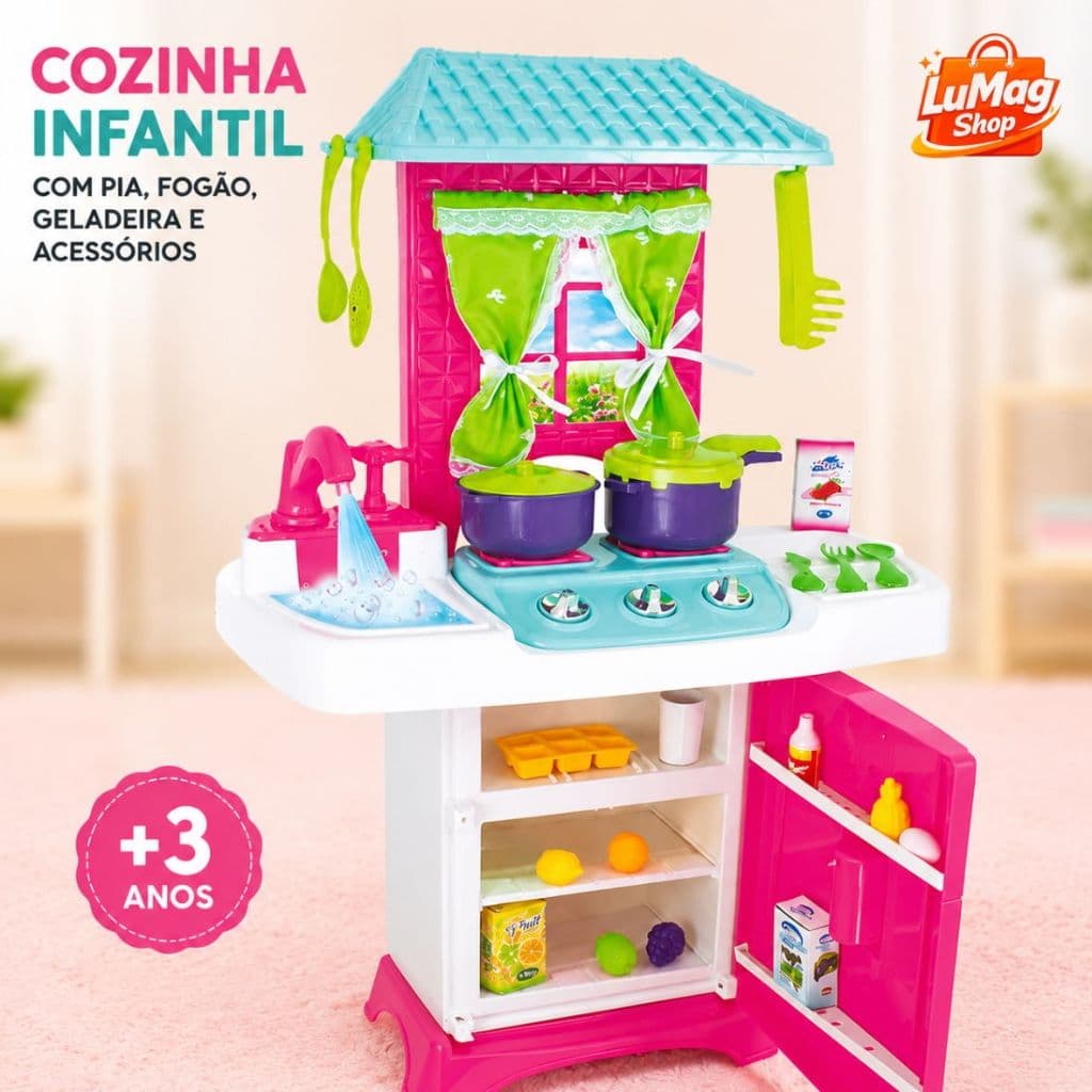 Cozinha Infantil Completa com Pia Geladeira Fogão e Acessórios Rosa