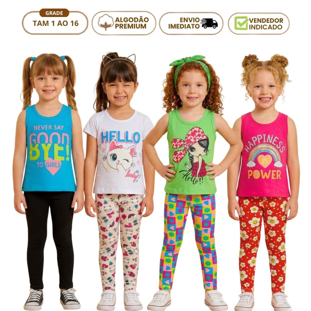 Kit 4 Peças Conjunto Infantil Menina Verão Juvenil 2 Legging Legue 2 Camiseta Manga Curta Algodão 1 ao 16