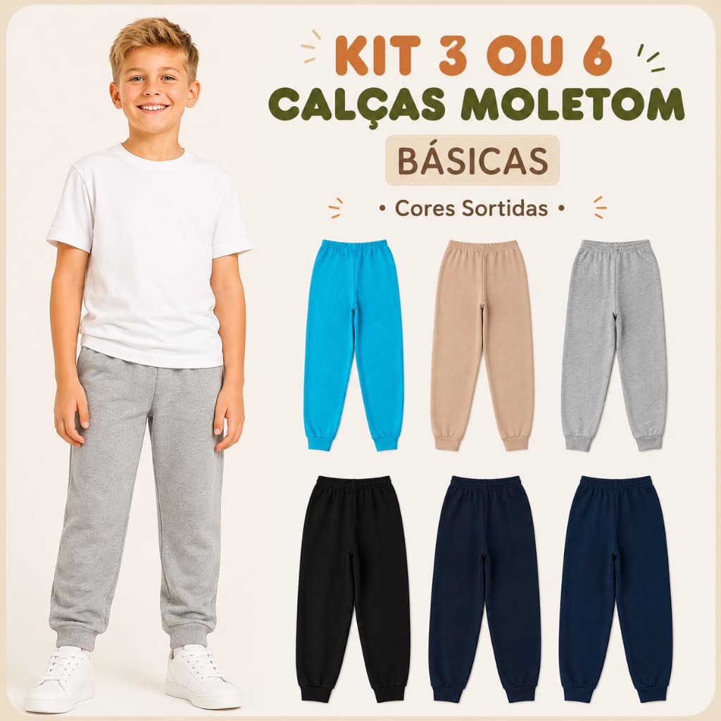 Kit 3 ou 6 Calça Moletom Menino Peluciada Masculina Bebe Infantil Juvenil Inverno Frio com Punho