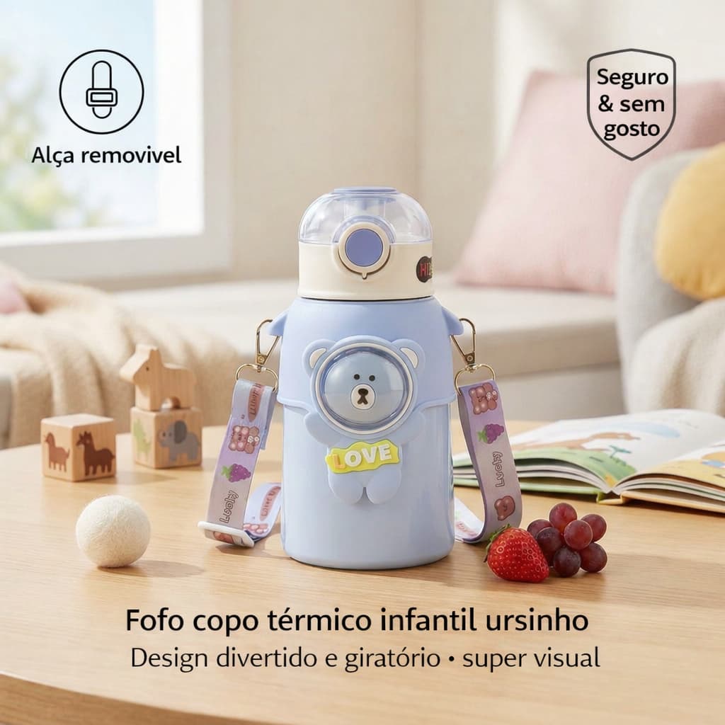 Copo Térmico Infantil Ursinho Fofo | Alça Removível | Seguro e Sem Gosto | Design Giratório-HYBWB-110
