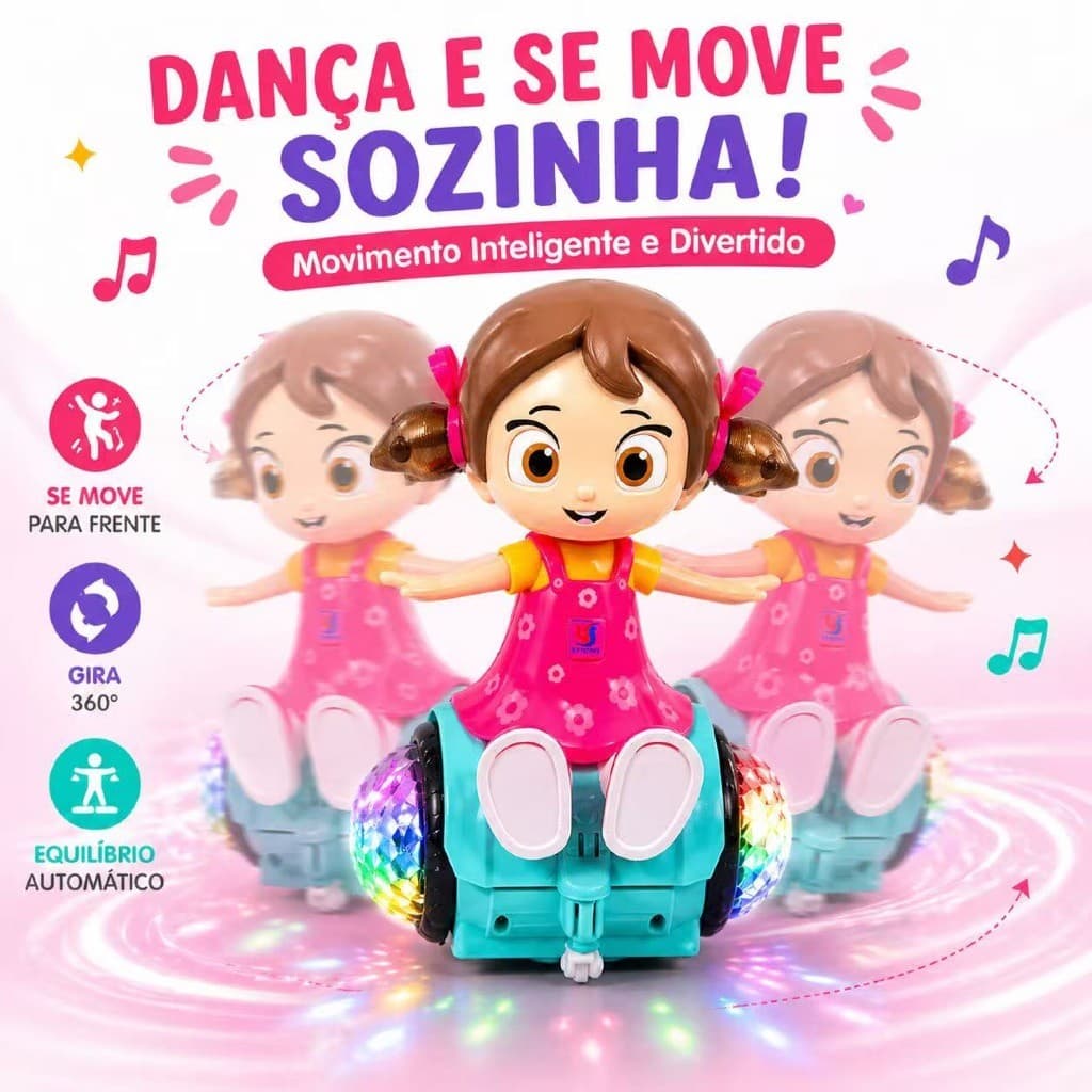 Boneca Dançarina Musical Infantil Luz Som Giro 360° Brinquedo Interativo Menina LED Fofo