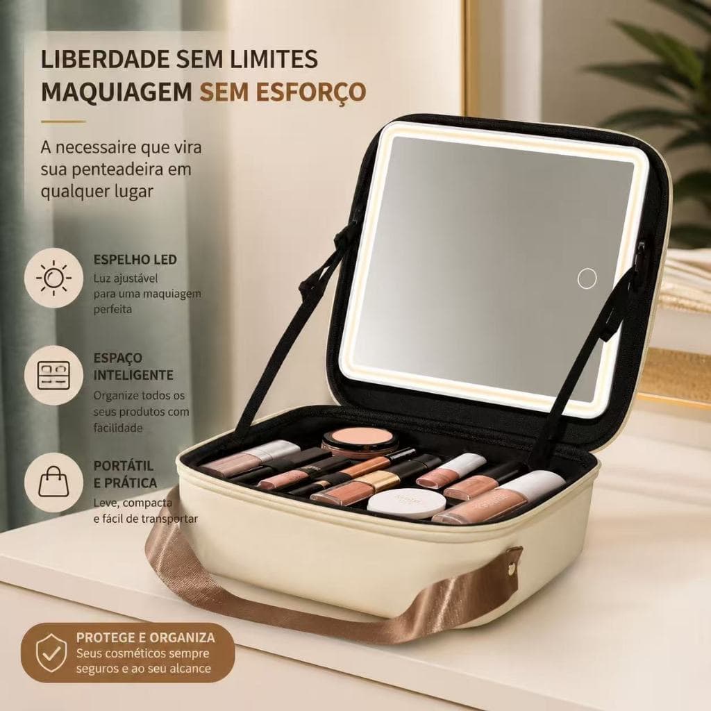 Maleta  com Espelho LED ✨ Bolsa de Maquiagem Portátil Organizadora com Luz Ajustável para Viagem e Uso Diário