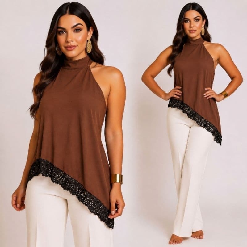 Blusa Feminina Assimétrica Poliamida Renda Moda Blogueira