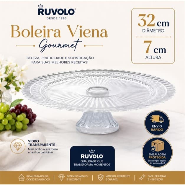 Prato Vidro Com Pé 32cm Porta Bolo Viena Gourmet Boleira Ruvolo