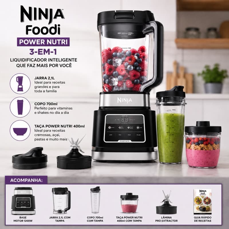 Liquidificador Ninja Foodi Power Nutri CB350EU 3 Em 1 1200 W 220v - Preto/Prata