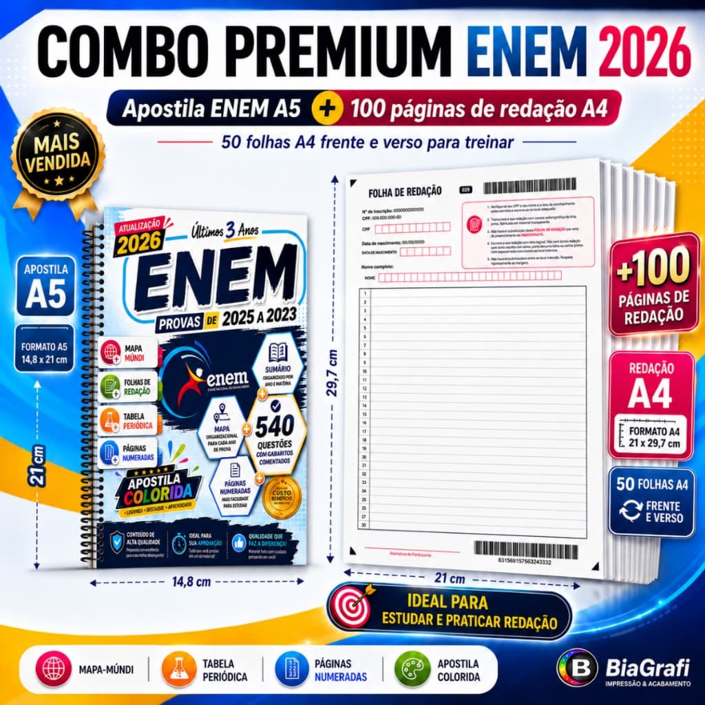 Kit ENEM 2026 A5 (21x14,8 cm) Provas +Gabaritos Últimos 3 Anos + 100 pág Redação + Periódica + Mundi