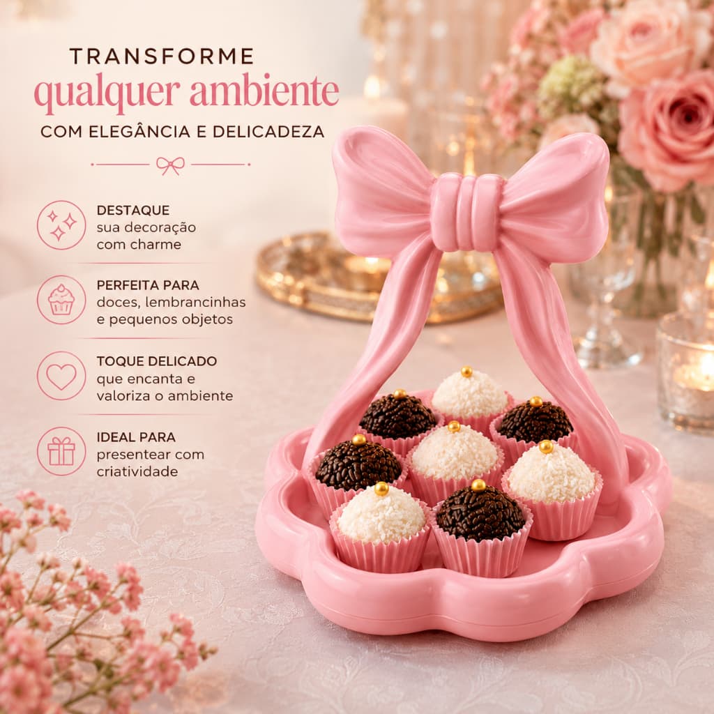 Bandeja Decorativa Festa Aniversário Laço Rosa Porta Doces para Centro de Mesa