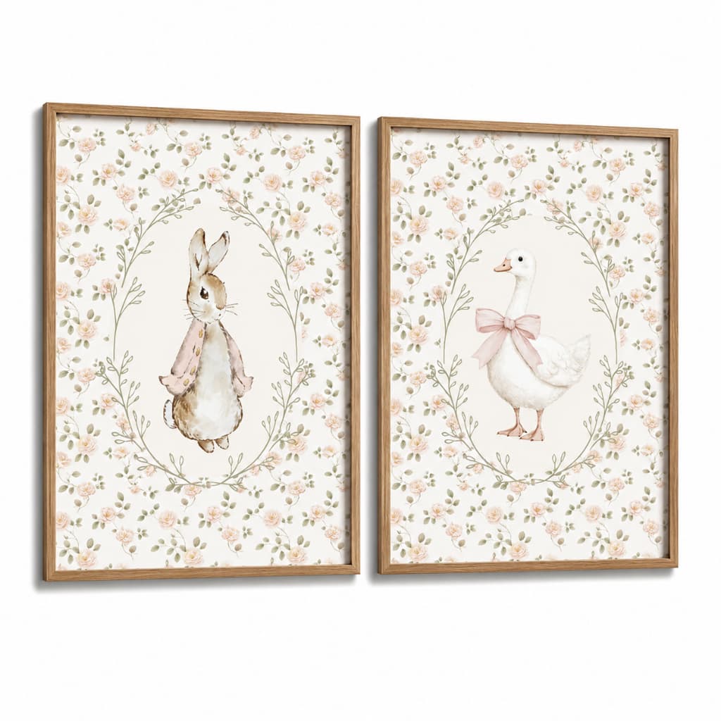 Kit 2 Quadros Decorativos Infantil | Quarto Bebê Menina | Vintage, Aquarela, Flores, Jardim - No249