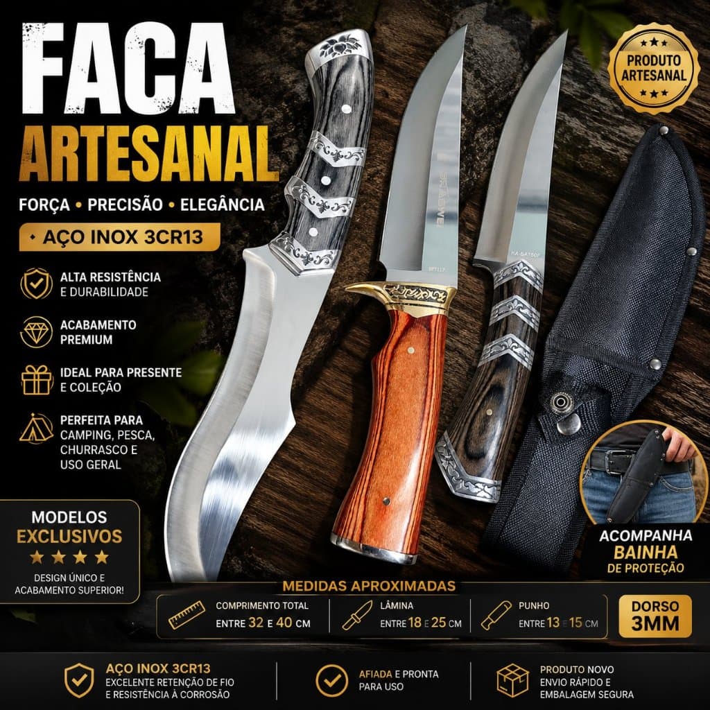 Faca Artesanal Aço Inox 3CR13 Com Bainha Camping Churrasco