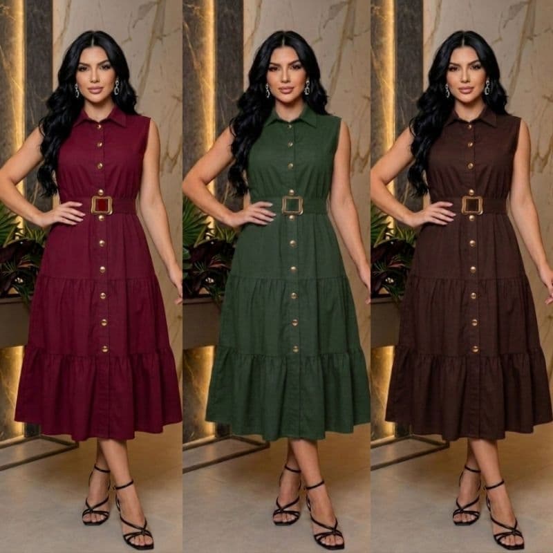 Vestido Feminino Com Botão Midi Princesa Três Marias Moda Evangélica Com Elastex E Cinto Regata