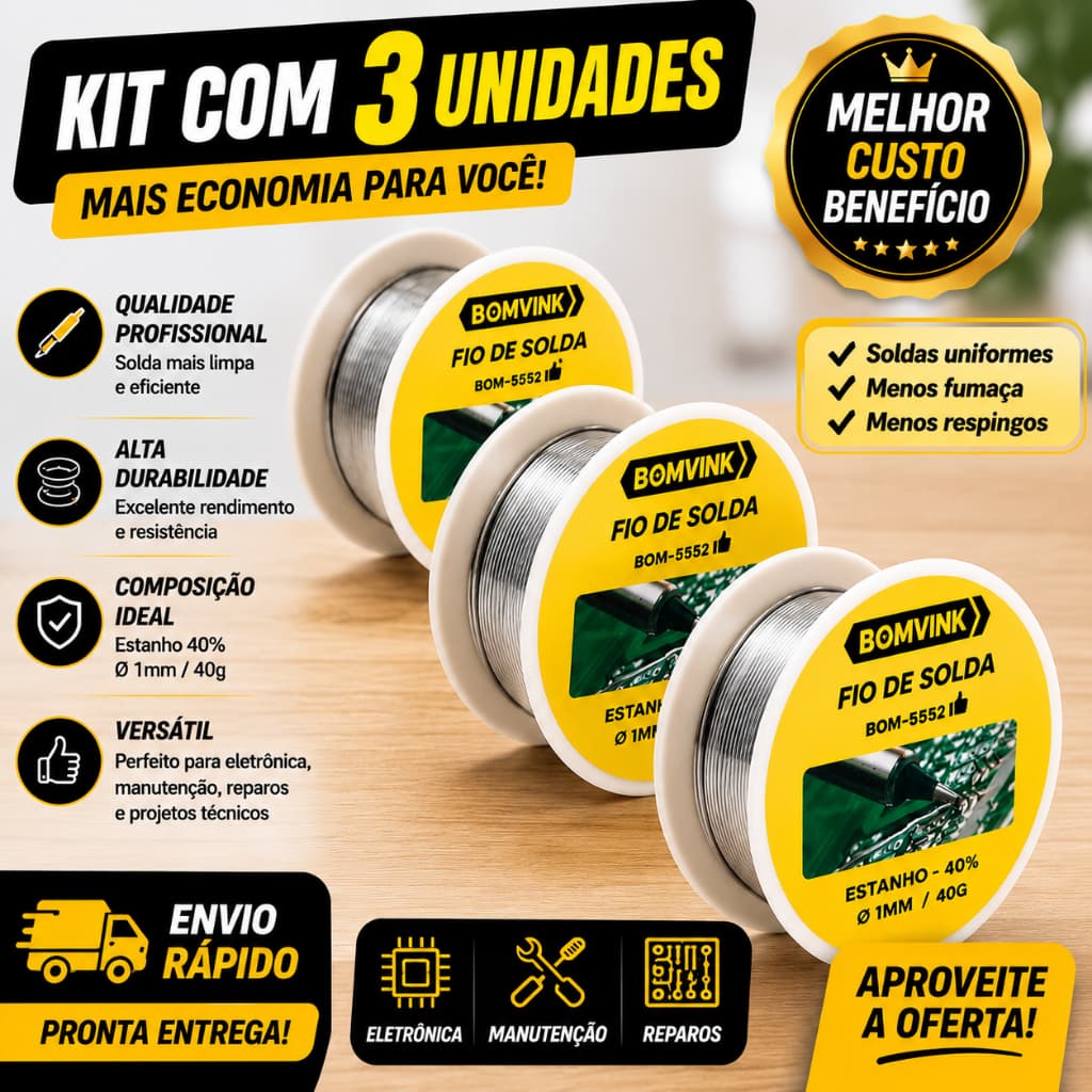 Kit 3 Unidades Estanhos em Fio para Solda 1mm 40g Alta Qualidade e Precisão