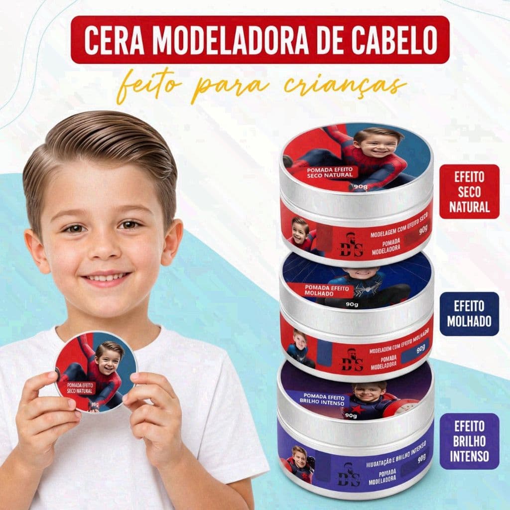 Cera Modeladora Cabelo Infantil Kids Criança Pomada 90g Efeito Seco Molhado Brilho Sem Parabenos