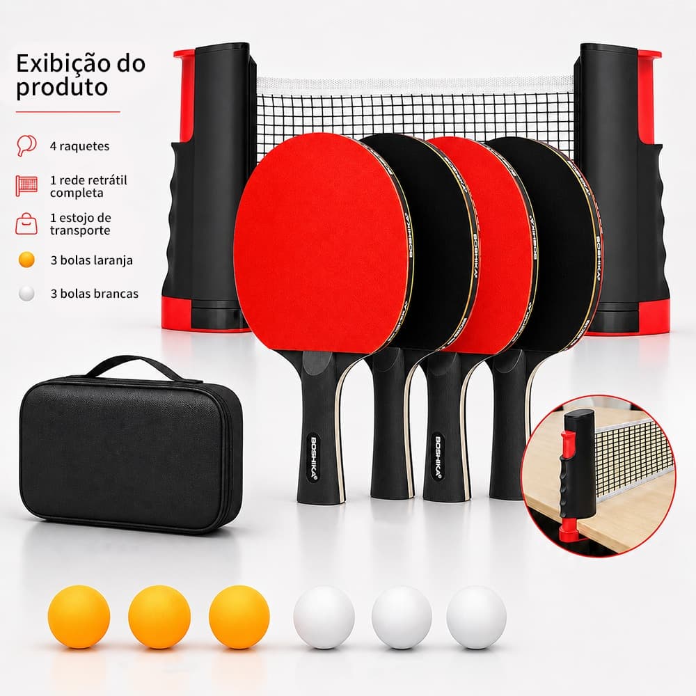 Conjunto De Tênis De Mesa Completo 2 ou 4 Raquetes + Rede E Bolas + Bag