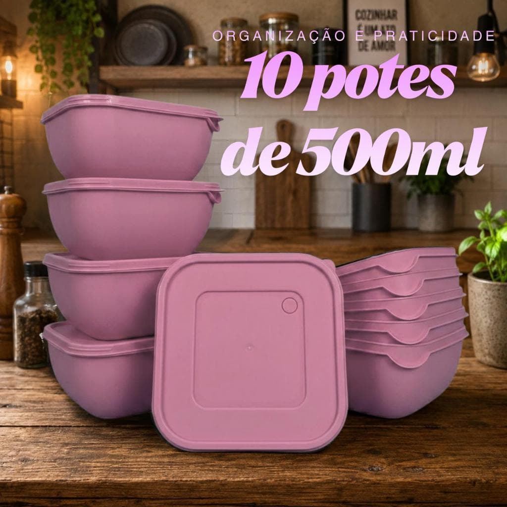 Kit 10 Potes Quadrados de Plástico com Tampa – Empilháveis e Resistentes para Alimentos