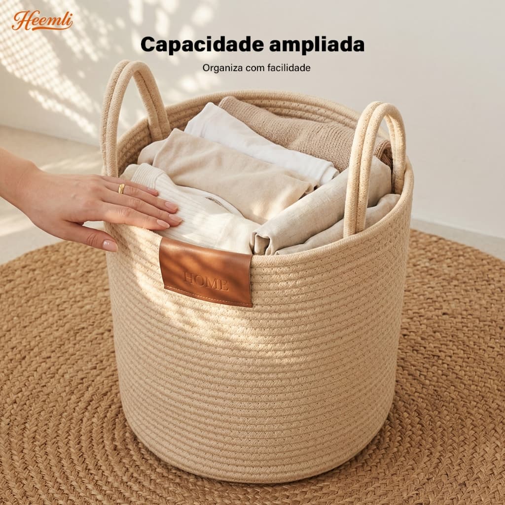 Heemli Cesto de Roupa Suja em Corda de Algodão com Alças para Quarto e Lavanderia