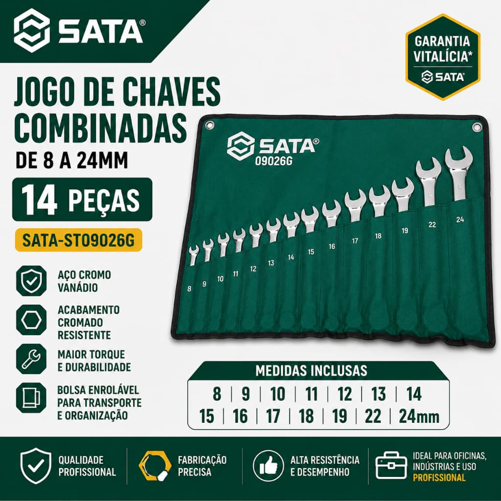Jogo De Chaves Combinadas 8 A 24mm 14 Peças Sata St09026g